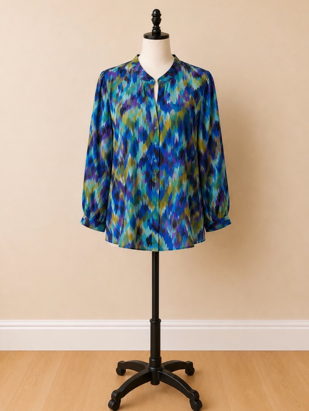 New York & Company Abstract Sheer Button Blouse Large